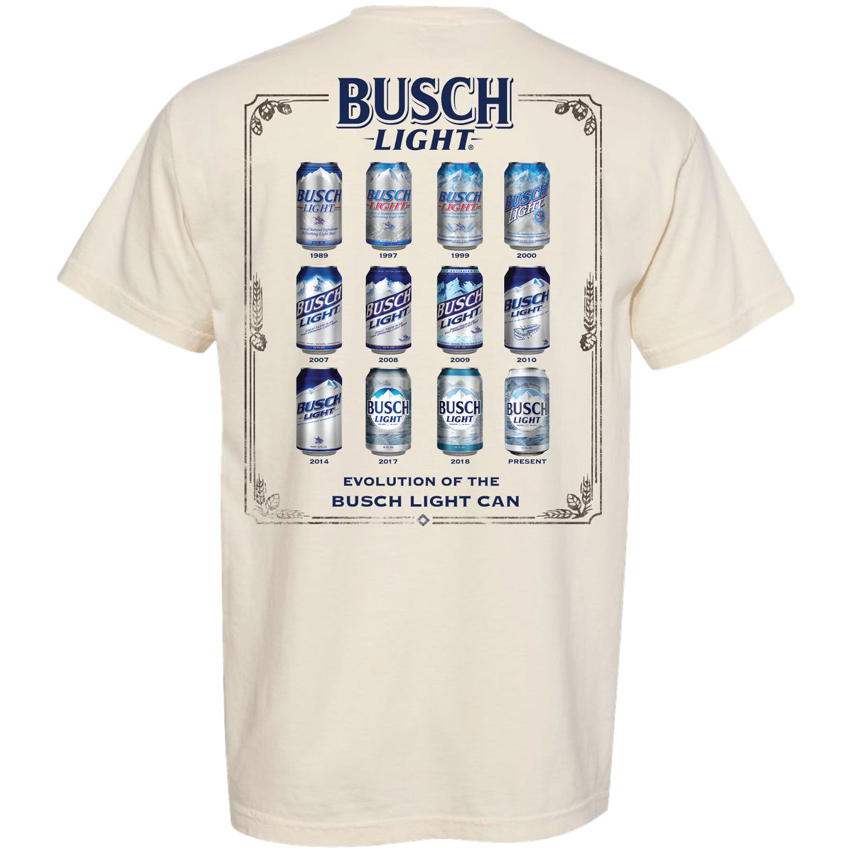 Busch Light - Evolution of Cans 2-sided Garment-Dyed T-shirt